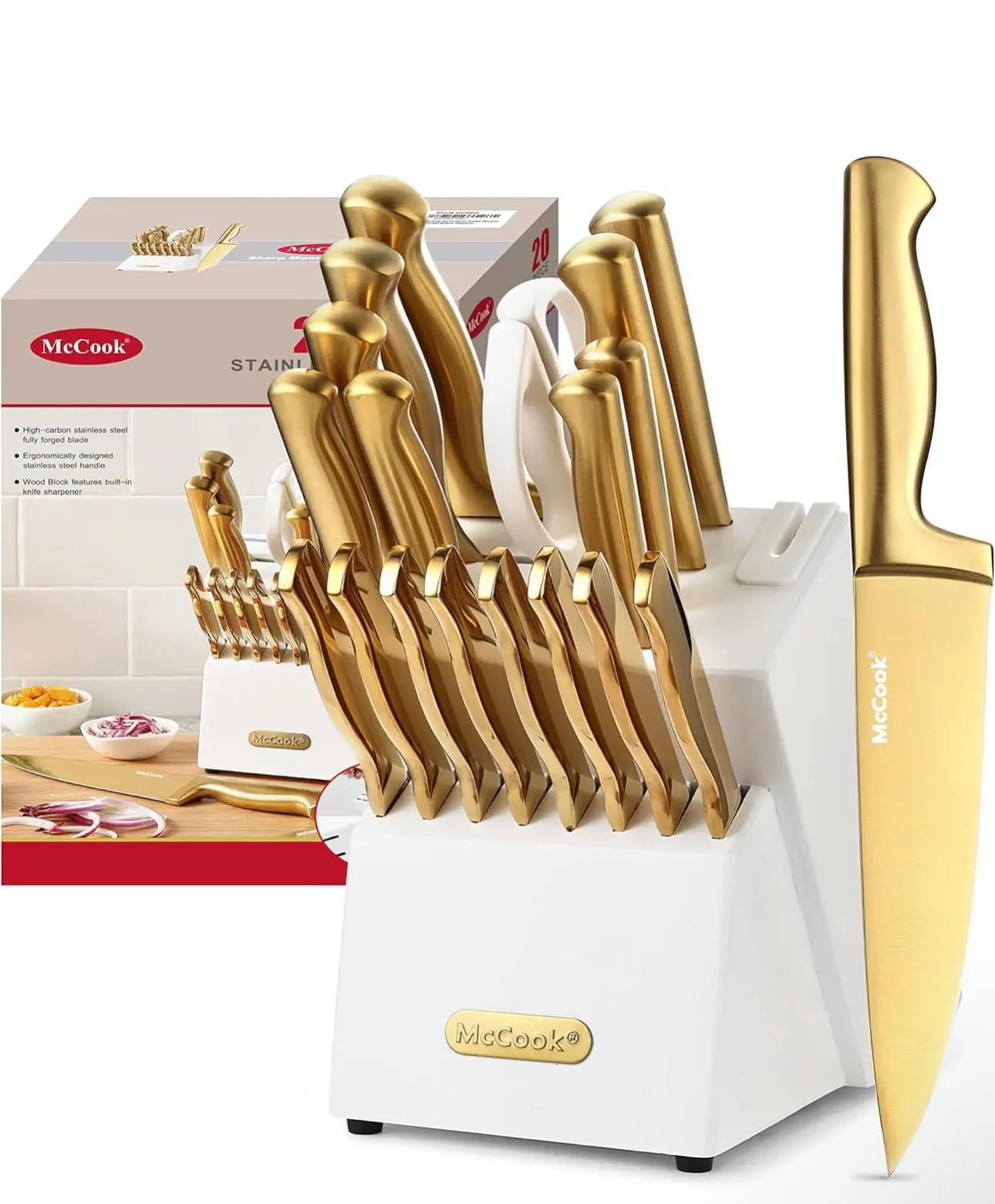 McCook® Kitchen Knife Sets, Golden Titanium Stainless Steel Knives Block Set with Built-in Sharpener