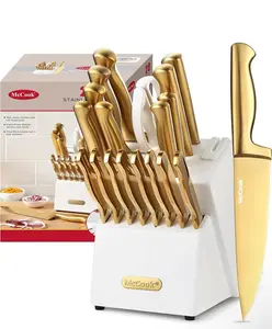 McCook® Kitchen Knife Sets, Golden Titanium Stainless Steel Knives Block Set with Built-in Sharpener