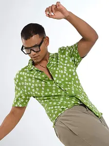Short Sleeve Cuban Collar Bandhani Shirt – Guava Green