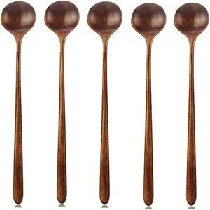Long Spoons, 5 Pieces Korean Style 10.9 inches 100% Natural Wood Long Handle Round Spoons for Soup Stirrer Kitchen Tools, FDA Approved(Korean Style Soup Spoon)