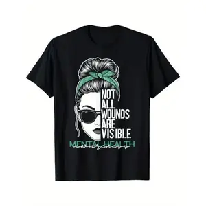 Women's Mental Health Awareness T-Shirt - "Not All Wounds Are Visible" Graphic Tee with Messy Bun & Fashion Glasses Design Golf Gift T-Shirt For Men and Women