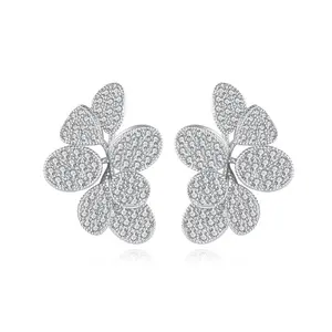 CzCity Trendy Leaf Shaped Stud Earrings E-2019112851 Rhodium Plated Brass AAA Cubic Zirconia Paving Setting Women's Jewelry for Anniversary