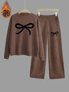 Women's Fall Winter Sweater Set, Bow Animal Print Thick Knit Top & High Waist Straight Leg Pants, Casual Fashion Two-Piece