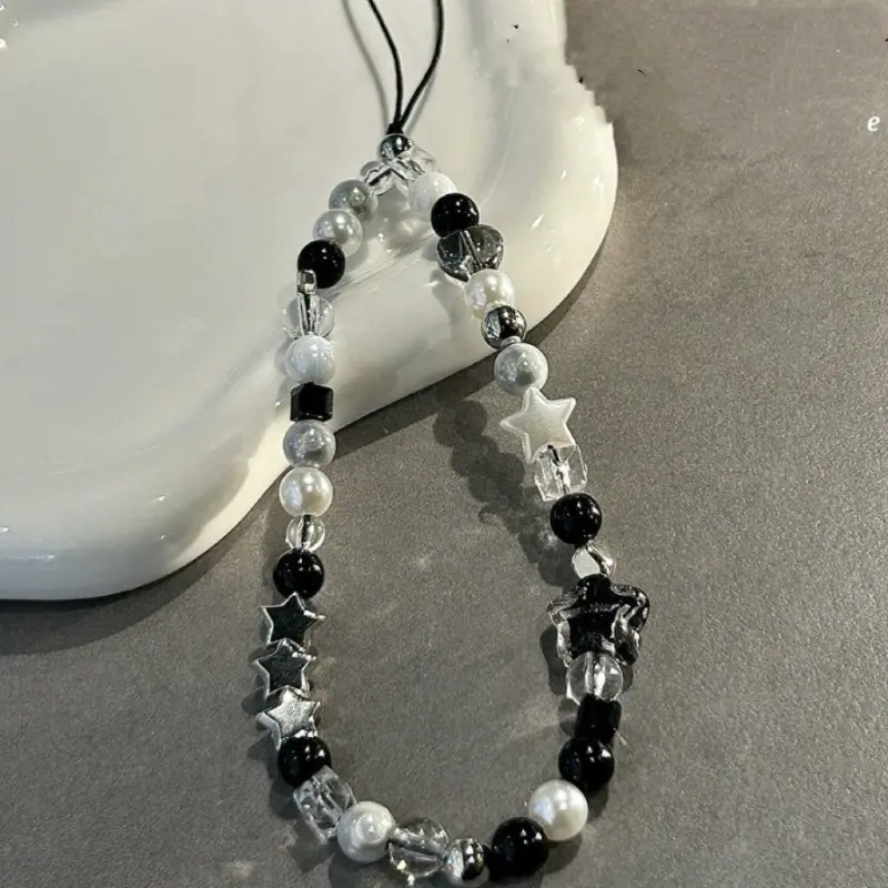 Black and white bead with transparent acrylic star, unique mobile phone pendant, fashionable and elegant mobile phone accessory, compatible with mobile phone case CCD bag hanging decoration, Cell Phone Charm, Cell Phone Accessories