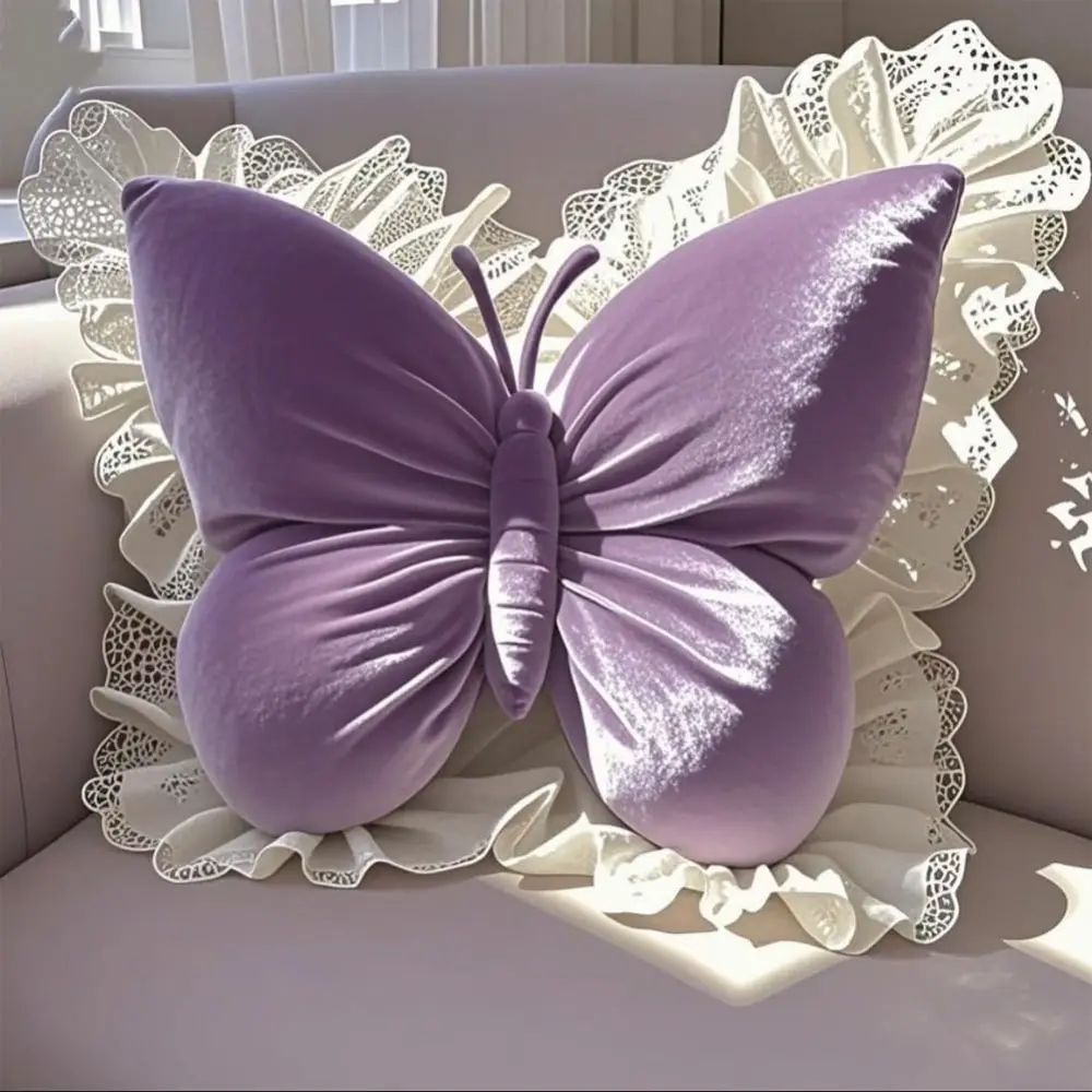 Butterfly Throw Pillow Decorative  Pillow, Velvet Plush Butterfly-Shaped Pillows Cushion with Lace for Sofa, Couch, Bed, Living Room soft