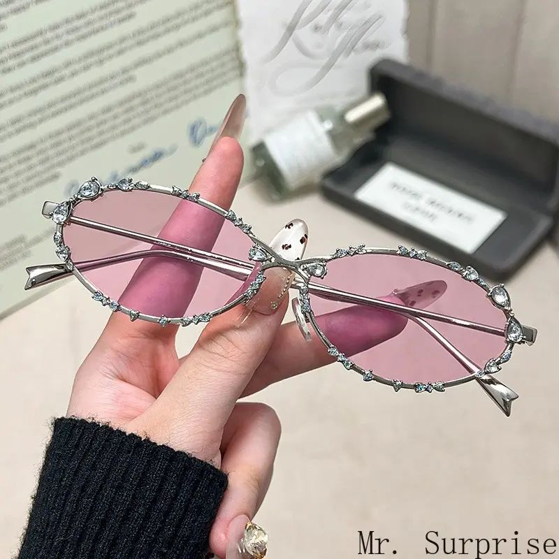 Luxury Rhinestone Bow Oval Metal Women's Sunglasses - Diamond-Look, Crystal-Encrusted, High-End Frame, Korean-Style Face-Slimming Plain Shades for Daily No-Makeup Wear, Diamond-Look Women's Sunglasses