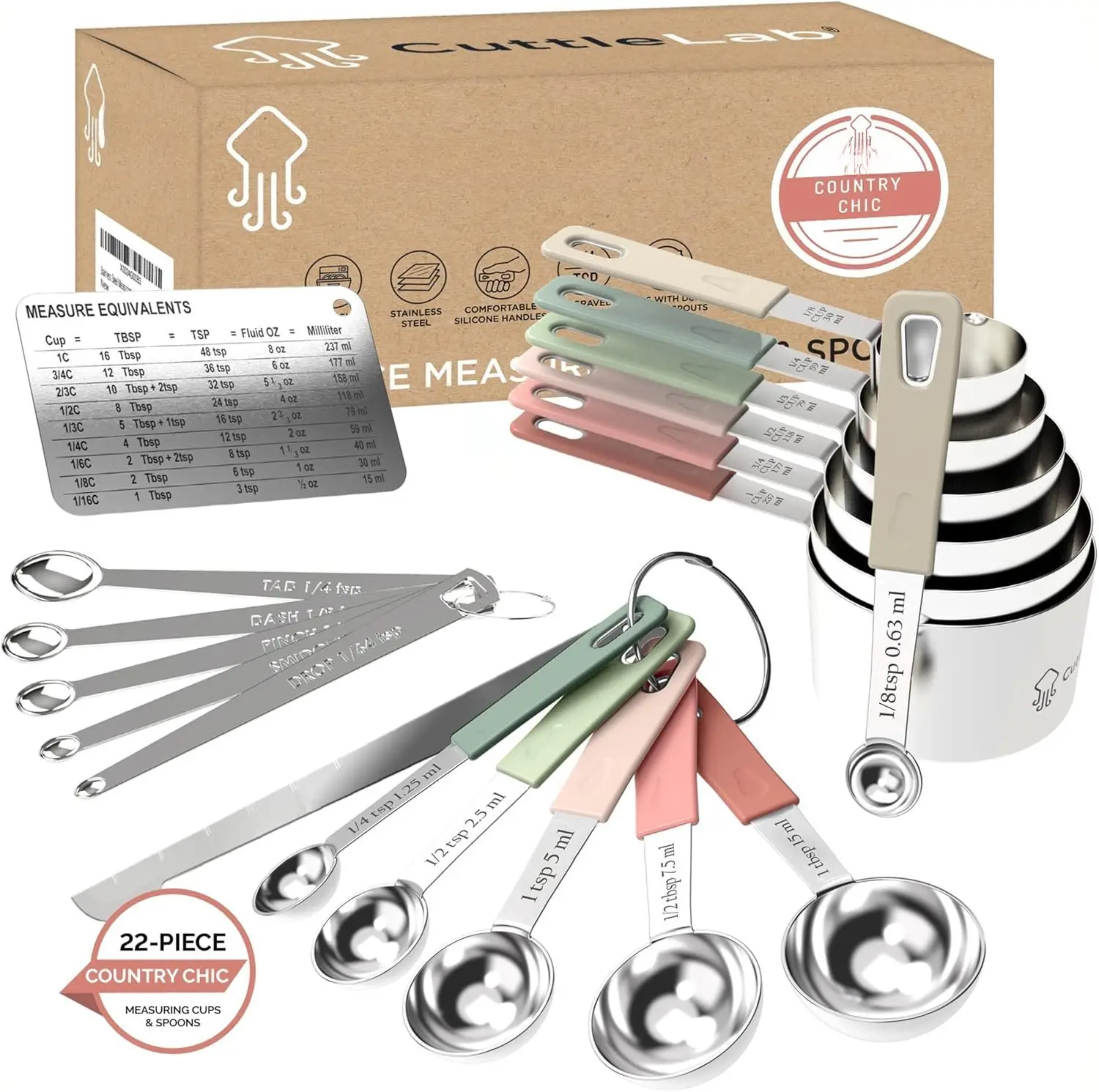 22- Stainless Steel Measuring Cups and Spoons Set, Tad Dash Pinch Smidgen Drop Mini Measuring Spoons, Measuring Stick Leveler, Measurement Conversion Chart Fridge , (Country Chic)