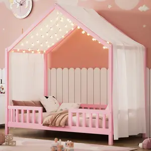 Twin Bed Frame Montessori Bed with Guardrail, Canopy and Roof, House Shaped Bed Frame with High Railings and Slats, No Box Spring Needed