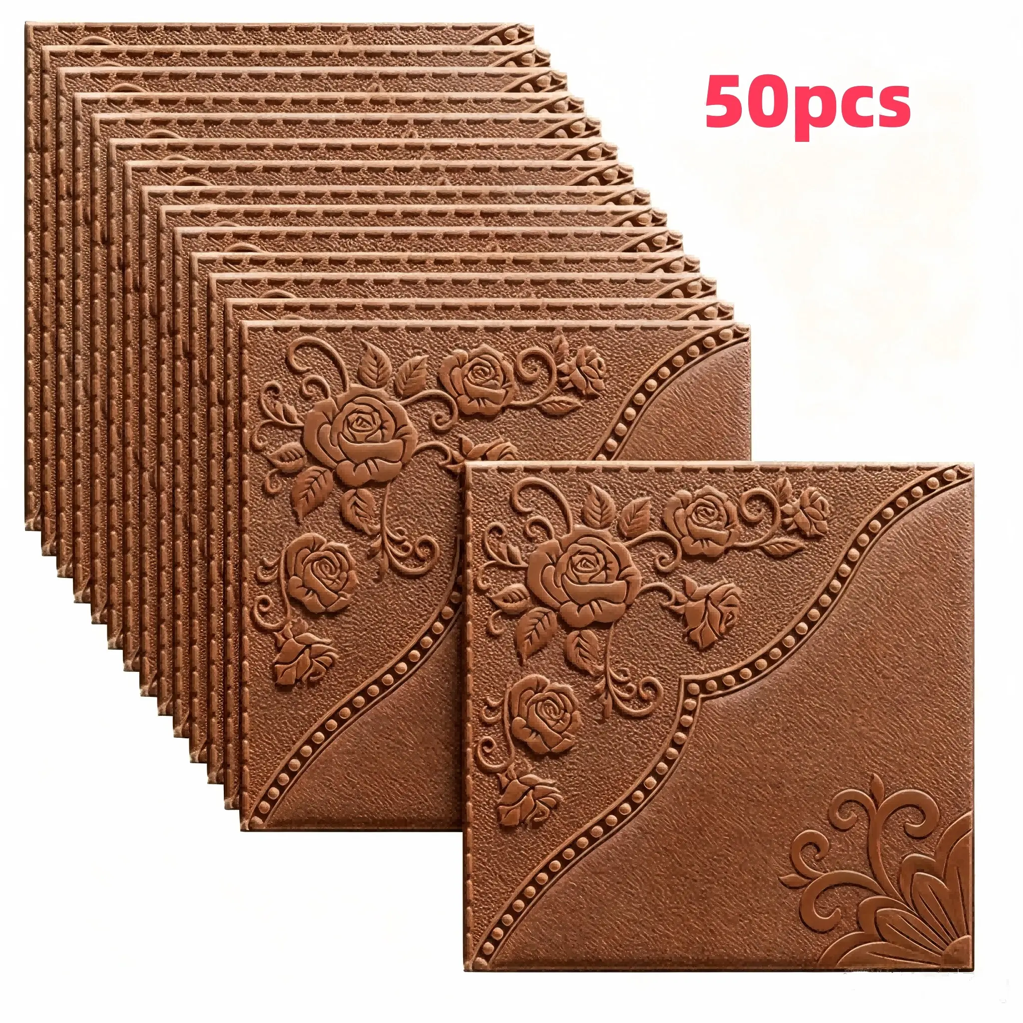 50PCS  3D Peel and Stick Interior Wall Tiles, Rose Embossed Foam Wall Stickers, DIY Wallpapers, Decorative Wallpaper, Peel and Stick Wallpaper Designs, Waterproof Anti-Collision Wall Decor for Bedroom Living Room，13.78inX13.78in