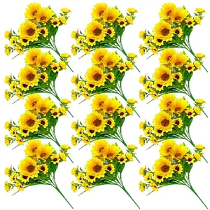 12 Pack Artificial Sunflower Bouquet Stems, Vibrant Faux Flowers, Wedding Home Kitchen Table Birthday Decor, Includes 4 Large & 9 Small Sunflowers