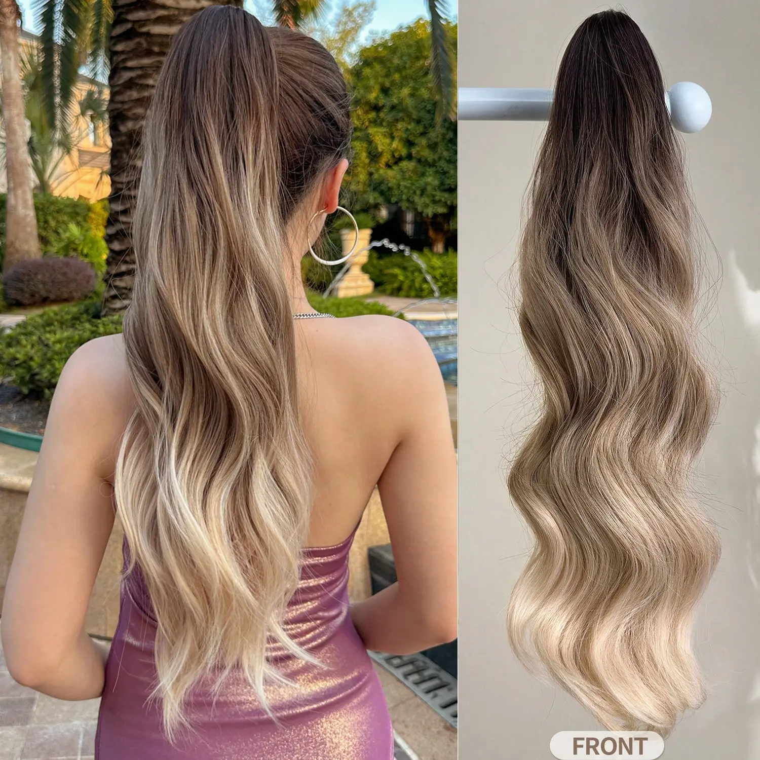 HEYPINK Women's Claw Clip On Ponytail Extensions, 24 In Omber Fade Body Wave, Heat-Resistant Synthetic Hairpiece, Easy Wear for Party & Daily Use, Party & Day