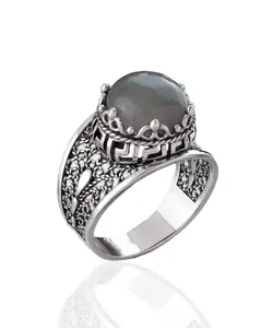 Meander Pattern Filigree Art Gray Moonstone Gemstone Women Silver Cocktail Ring