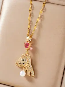 Heart Bear Balloon Pendant Necklace, High-End Versatile Elegance, Embedded Artificial Zirconia Choker, Stylish Lockbone Chain, Charm Necklace