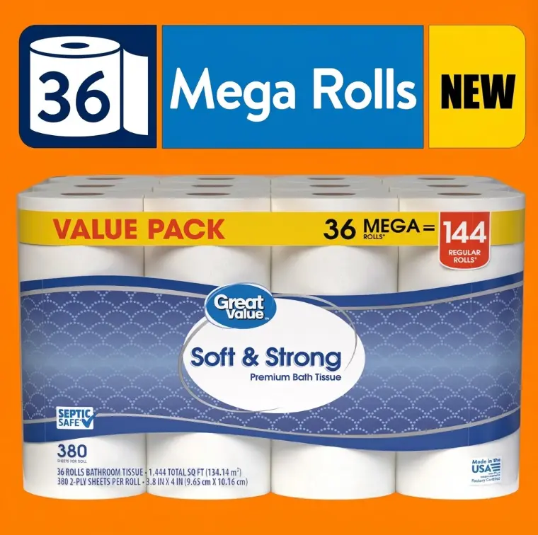 Great Value Soft Strong Toilet Paper Premium Bath Tissue 36 Mega Rolls 380 Sheets per Roll Bulk Household Essentials 2 Ply