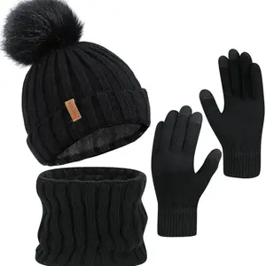 Winter Beanie Hat Scarf Gloves Set for Women & Men, 3 in 1 Fleece Lined Touchscreen Gloves, Double-Layered Brim Beanie, Knit Slouchy Skull Caps with Pom Pom, Perfect Gift for Christmas