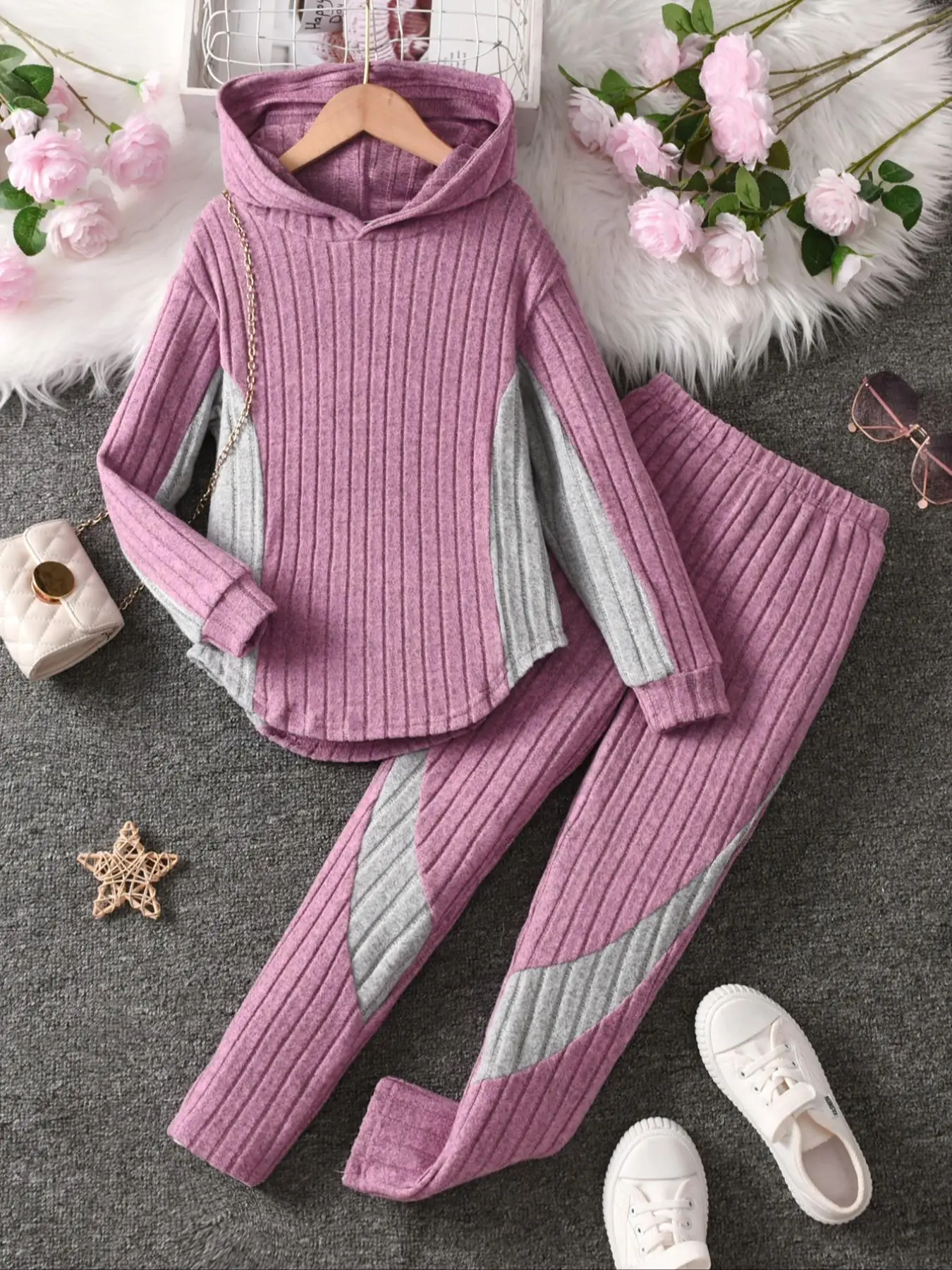 Two-piece Set Girl's Colorblock Ribbed Hooded Top & Elastic Waist Pants, Casual Long Sleeve Pullover & Skinny Pants for Fall & Winter, Kids Clothes f