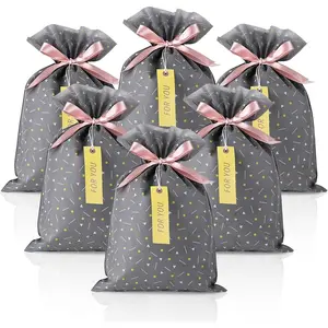 Fabric  Wrap Bags, Grey  Cloth  Bags Sets of 6 with Drawstring and Tags for Christmas Holiday, Birthday, Wedding or Daily , 12" x 18"