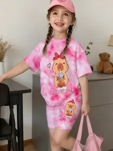 Cartoon Short Sleeve Set, Girls' Casual Two-Piece, Cute Print T-Shirt and Shorts Combination, Kids Fashion Apparel