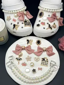 14-Piece Hole Shoe Decoration Buckle Set, Ballet Bow Pearl Chain Design, High-Quality Elegant Style DIY Shoes Accessories