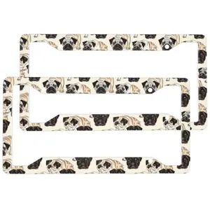 2pcs Beige Black Pug License Plate Frame Aluminum License Plate Holder Funny License Plate Decorative with Screws Size 12.2x6.3 Inch Men Women ﻿
