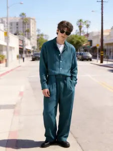 Men's Dark Teal Autumn Long-Sleeve & Long-Pant Set: Modern, Loose-Fit, with ruffled texture & minimalist design. Fits outdoor/street/casual/business/dating, light luxury vibe. Also in long-sleeve shirt & shorts; festival must-have, great men’s gift.