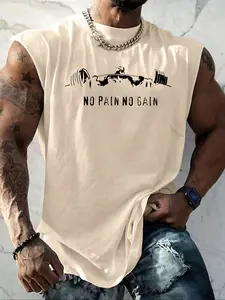 Men's Round Neck Sleeveless Vest, Casual Comfortable Top with Dumbbell Fitness Print, Loose Fit, Summer Wear, Sporty Street Sport Style, Casual Streetwear Looks