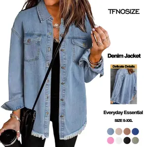 TFNOSIZE Women's Oversized Distressed Denim Jacket with Rips and Fringe – Casual Long-Sleeve Jacket with Pockets, Made from Soft, Fashionable Fabric – A Great Choice for Back-to-School Outfits. A Classic Outerwear Piece