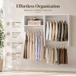 Homieasy 36''-96'' Closet System 5FT Walk-in Closet Organizer Starter Kits with 3 Hanging Rods 3 Shelves Heavy Duty Reversible Wood Clothing Rack Cut to Fit Max Load 800 LBS Freestanding Closet with Drawers and Rod Furniture
