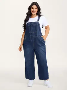 BLOOMCHIC Spring Cotton Relaxed-Fit Side Button Overall Denim Jumpsuit Midblue Sleeveless Loose Minimalist Casual Workwear Basic2026 Spring Break Gift For Easter's Day Mother's Day