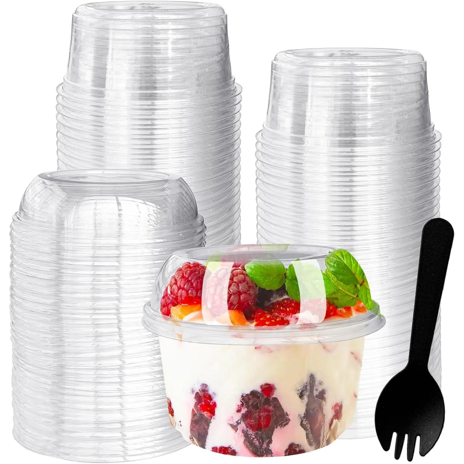 50 Pack 12 oz Disposable Clear Plastic Cups with Dome Lids and Spoons,Plastic Dessert Cups,Disposable Snack Bowls for Ice Cream,Cake,Snacks,Fruit,Cold Drinks,Milkshake,Pudding,Salad