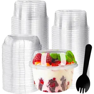 50 Pack 12 oz Disposable Clear Plastic Cups with Dome Lids and Spoons,Plastic Dessert Cups,Disposable Snack Bowls for Ice Cream,Cake,Snacks,Fruit,Cold Drinks,Milkshake,Pudding,Salad