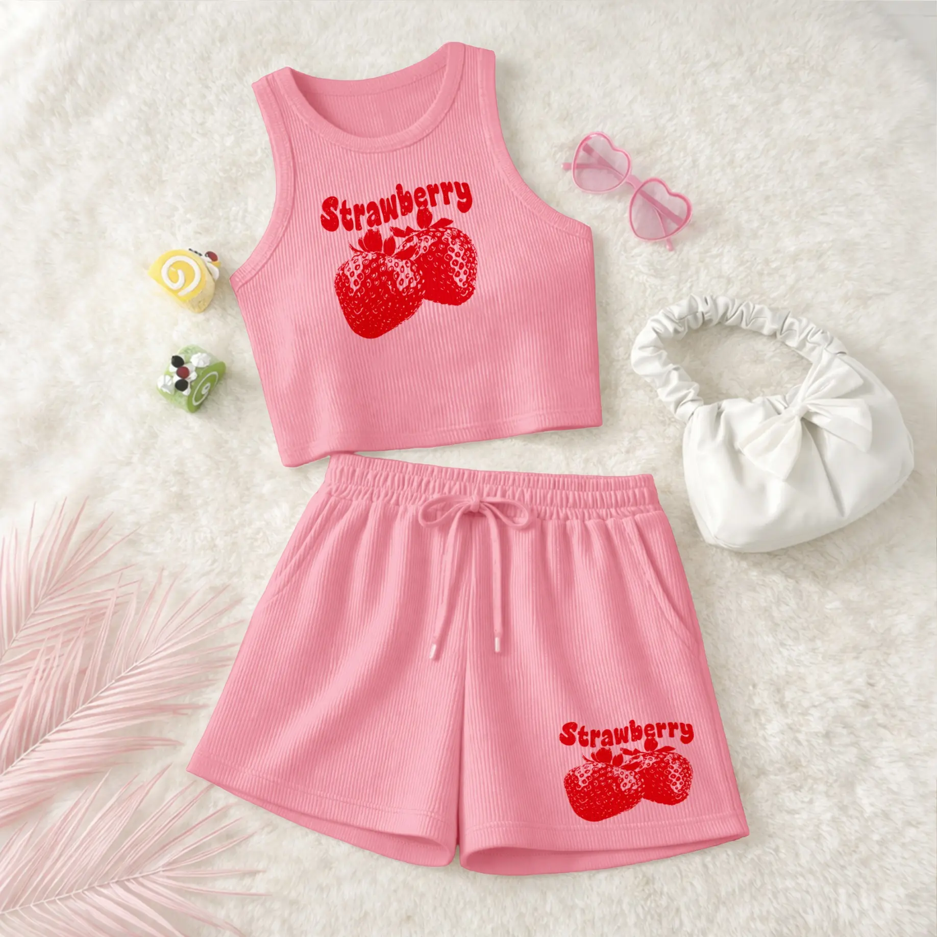 Women's Strawberry Print Sleeveless Tank Top And Drawstring Shorts Set, Casual Summer Sportswear Two Piece Outfit, Ribbed Knit Tank And Shorts Set For Everyday Wear