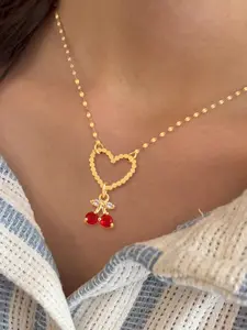 Women's Multi-colored Cherry Stainless Steel Heart Pendant Necklace, Cute Chain Design, All-Season Jewelry Accessory for Women