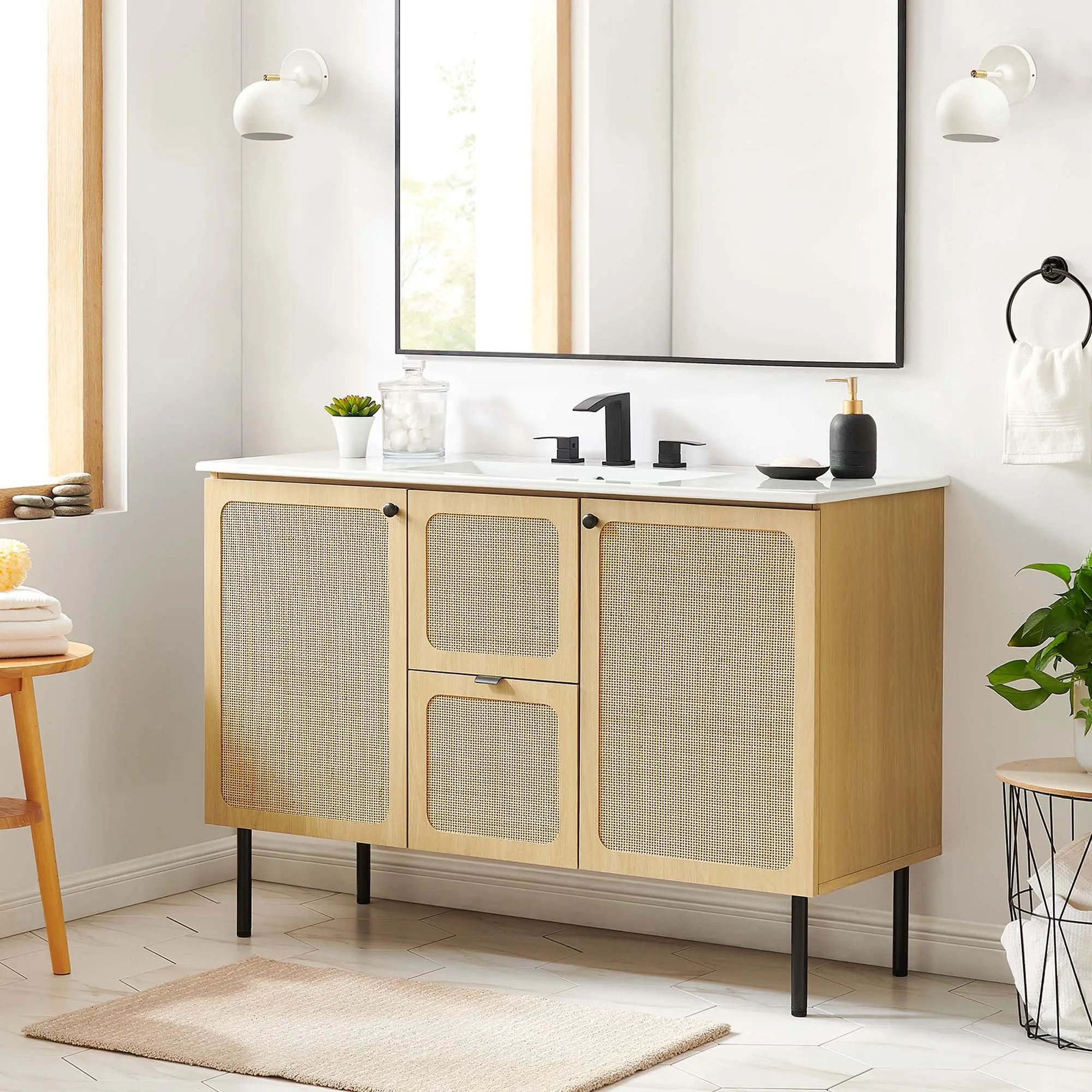 Chaucer 48" Oak Bathroom Vanity Cabinet - Organizer with Adjustable Storage, MDF & Wood Build, Rattan Weave (Sink Basin Not Included)