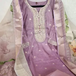 Tissue Silk Kurtha Salwar Set with Printed Shawl in Lavender Color