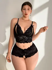 Floral Lace Cut Out Bralette Lingerie Set, Bow Design, Sexy Style, Fitted, Unlined, 3/4 Coverage, Ideal for Special Occasions