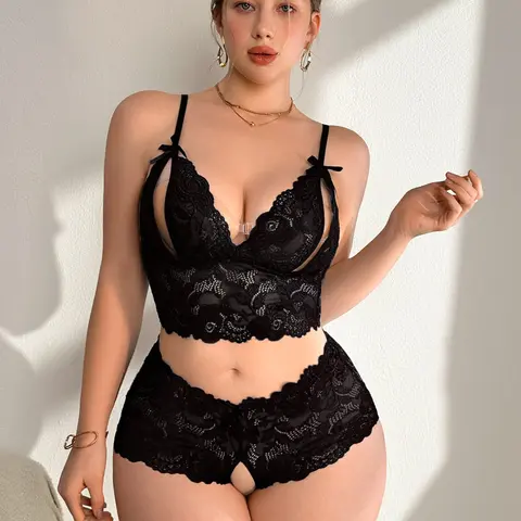 Floral Lace Cut Out Bralette Lingerie Set, Curvy, Bow Design, Sexy Style, Fitted, Unlined, 3/4 Coverage, Ideal for Special Occasions, Underwear