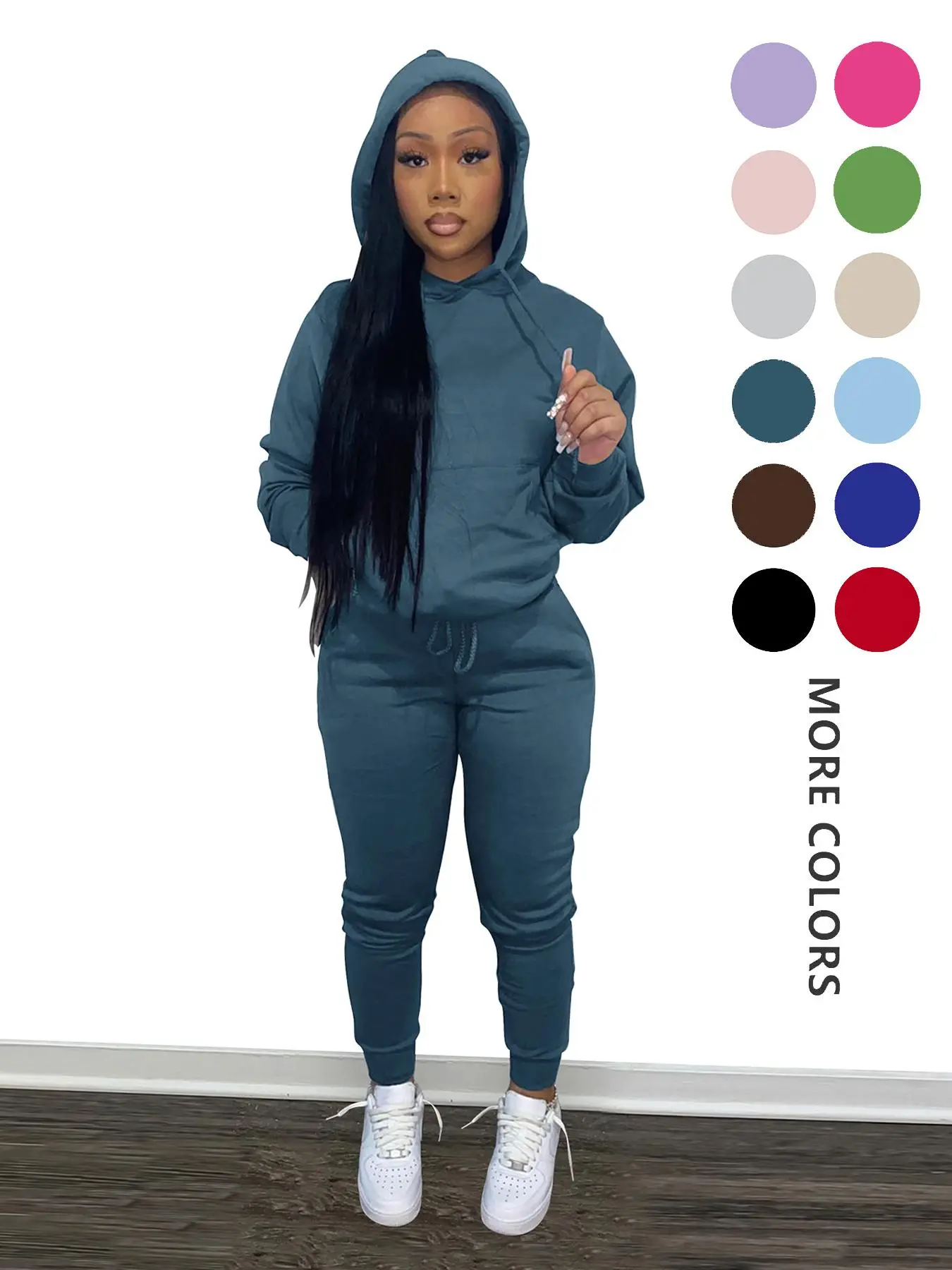 Women's Solid Drop Shoulder Hoodie & Drawstring Waist Pants Two-Piece Set, Casual Fashion Cozy Hooded Sweatshirt & Trousers for Daily Outdoor Wear, Wo