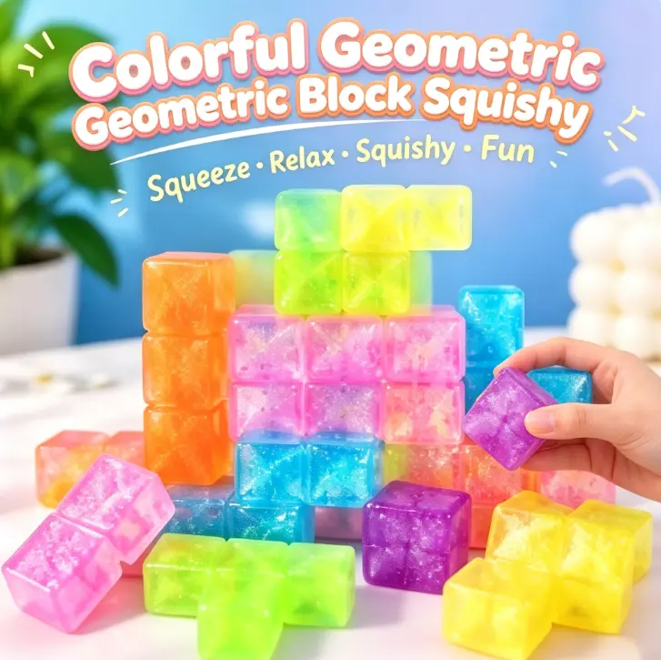 Colorful Glitter Geometric Block Squishy, Transparent Jelly Puzzle Block Squeeze Fidget, Hand Decompression Sensory Toy, Party Gift for Kids & Adults