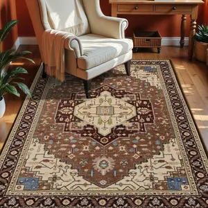 Machine Washable Non-Slip Faux Wool Rug, Rich Coffee Brown Vintage Carpet | Cozy Home Decor for Living Room & Bedroom,6x9 Feet