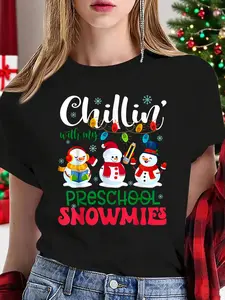 100% Cotton Women T-shirt Women Christmas T-shirt Chillin With My Preschool Snowmies Light Christmas Teacher T-Shirt Print Round Neck Short Sleeve T-Shirt For Women Casual, Summer, Women Top