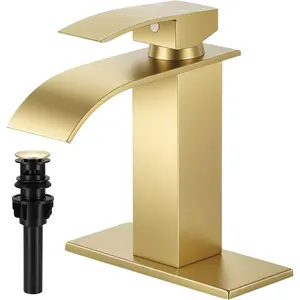 Brushed Gold Bathroom Faucets, Waterfall Bathroom Sink Faucet Single Handle Bathroom Faucet for 1 or 3 Hole, Mixer Tap Vanity Faucet with Deck Plate, Pop-up Drain and Supply Hoses