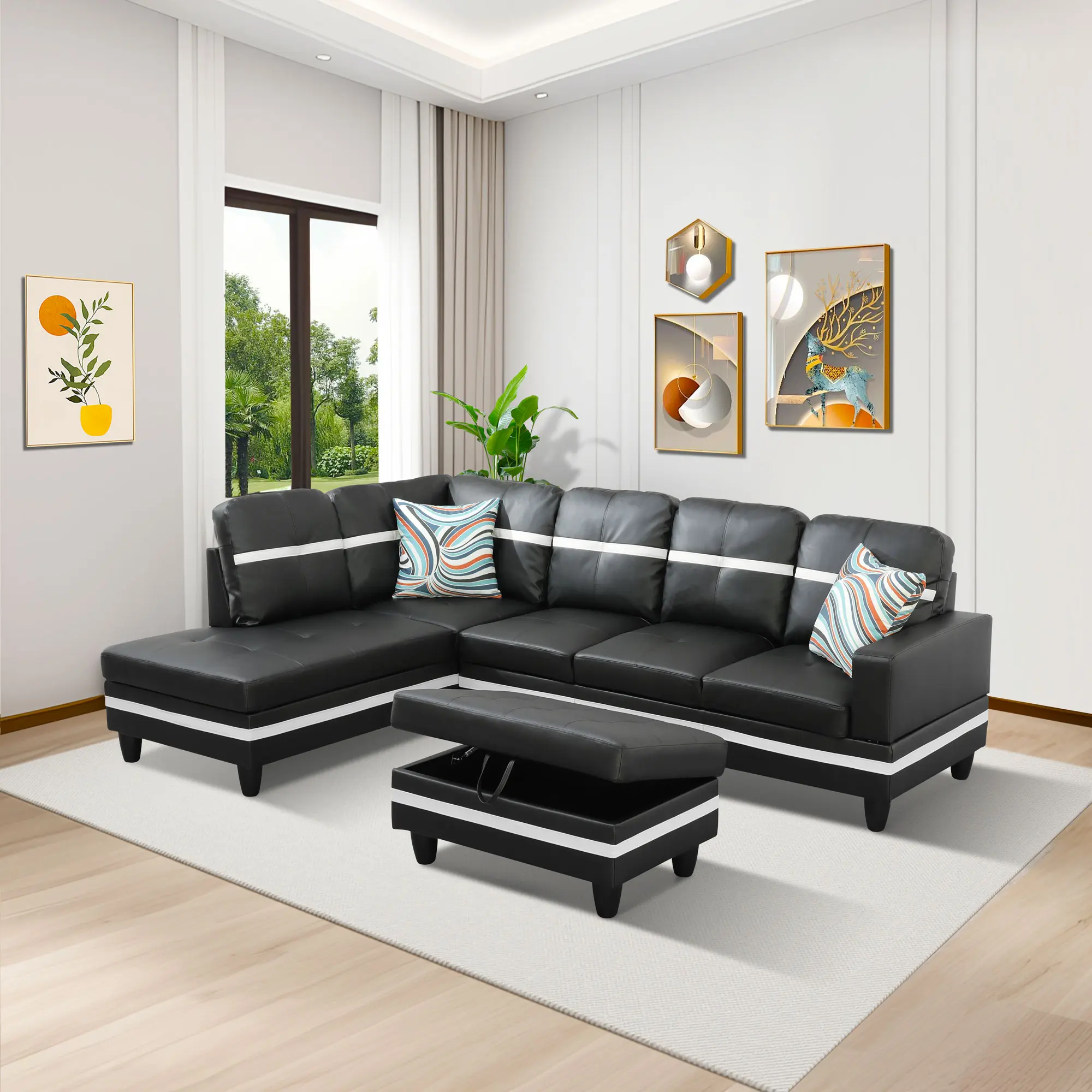 3-Piece Modern Black & White Faux Leather Upholstered Sectional Sofa Set, Sturdy Frame Living Room Couches for Apartment, Small Space, Three Pieces