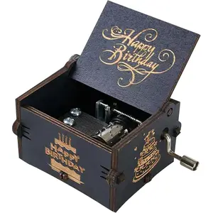 Happy Birthday Music Box Wooden Hand Crank Engraved Musical Instrument with Melody, Great Gifts for Mom Dad Daughter Son Wife Husband and Friends