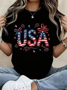 Women Round Neck T Shirt Usa Patriotic Flag Design With Stars And Stripes Bow Decor Short Sleeve Independence Day Celebration Party Wear