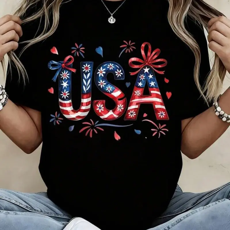 Women Round Neck T Shirt Usa Patriotic Flag Design With Stars And Stripes Bow Decor Short Sleeve Independence Day Celebration Party Wear