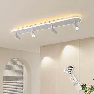 Garwarm Modern LED Ceiling Light with 4 Spotlights, Dimmable 58W Linear Ceiling Lamp Fixture with Remote, 43.3in Upgraded Flush Mount Ceiling Chandelier Lighting for Bedroom Closet Hallway (White)