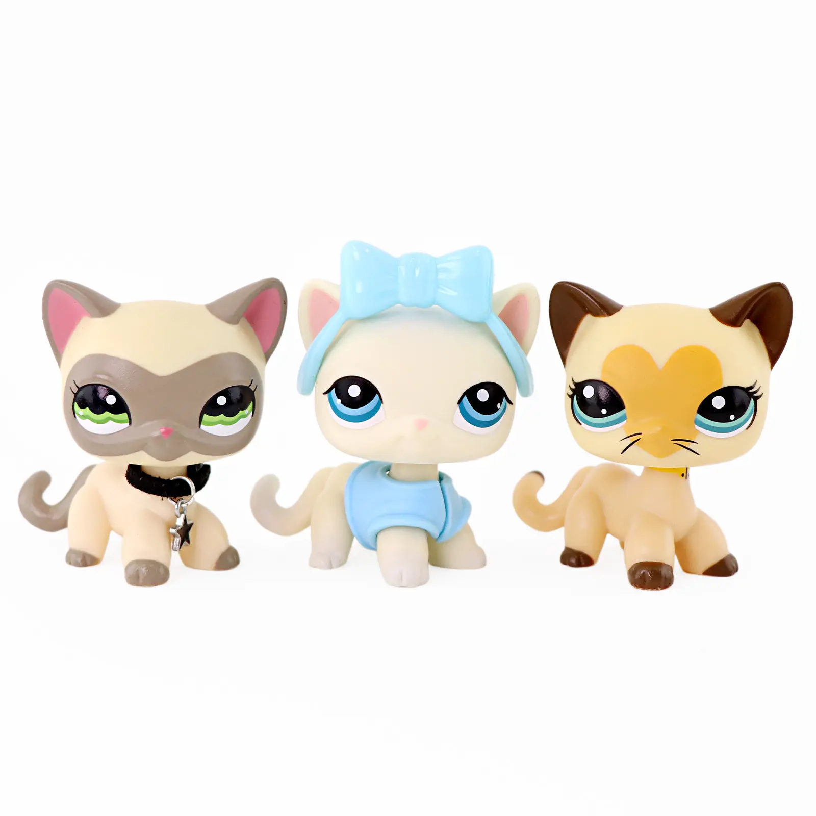 3 Pcs Bobble Head Siamese Cat Figurines Set, Cute Mini Kitten Collectible Toys with Detachable Star Collar Bow Headband Vest Accessories, Small Kitty Dolls for Cake Toppers Kids Birthday Party Favors Gift