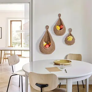 Boho Style Wall Hanging Fruit Basket, 3 Counts/set Handmade Woven Fruit & Vegetable Basket with Drawstring, Kitchen Storage Basket for Home Dining Room, Organiser