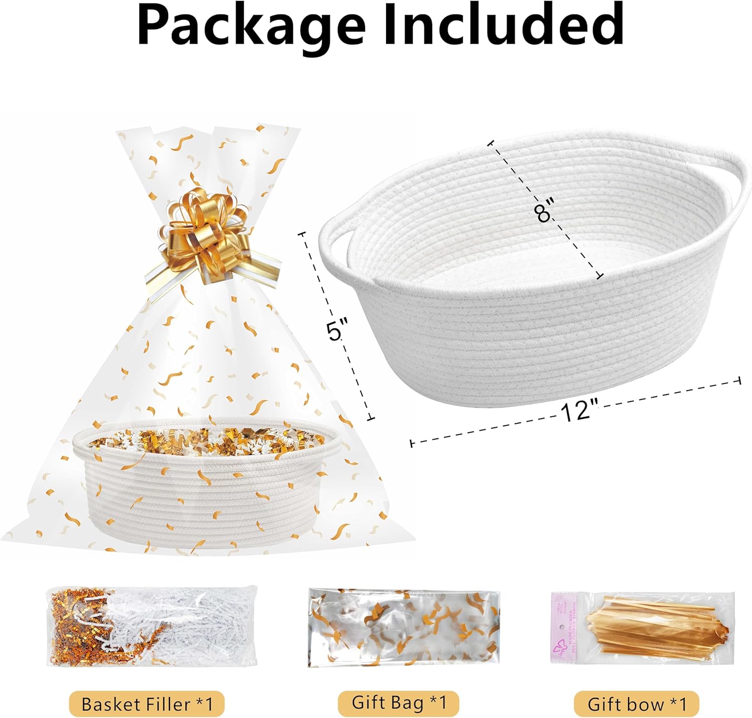 Small Woven Gift Basket Set with Cut Paper Shred Filler, Pull Bow & Cellophane Bag, 12x8x5 Inch Durable Cotton Rope Storage Basket for Easter, Baby Shower, Birthday, Holidays